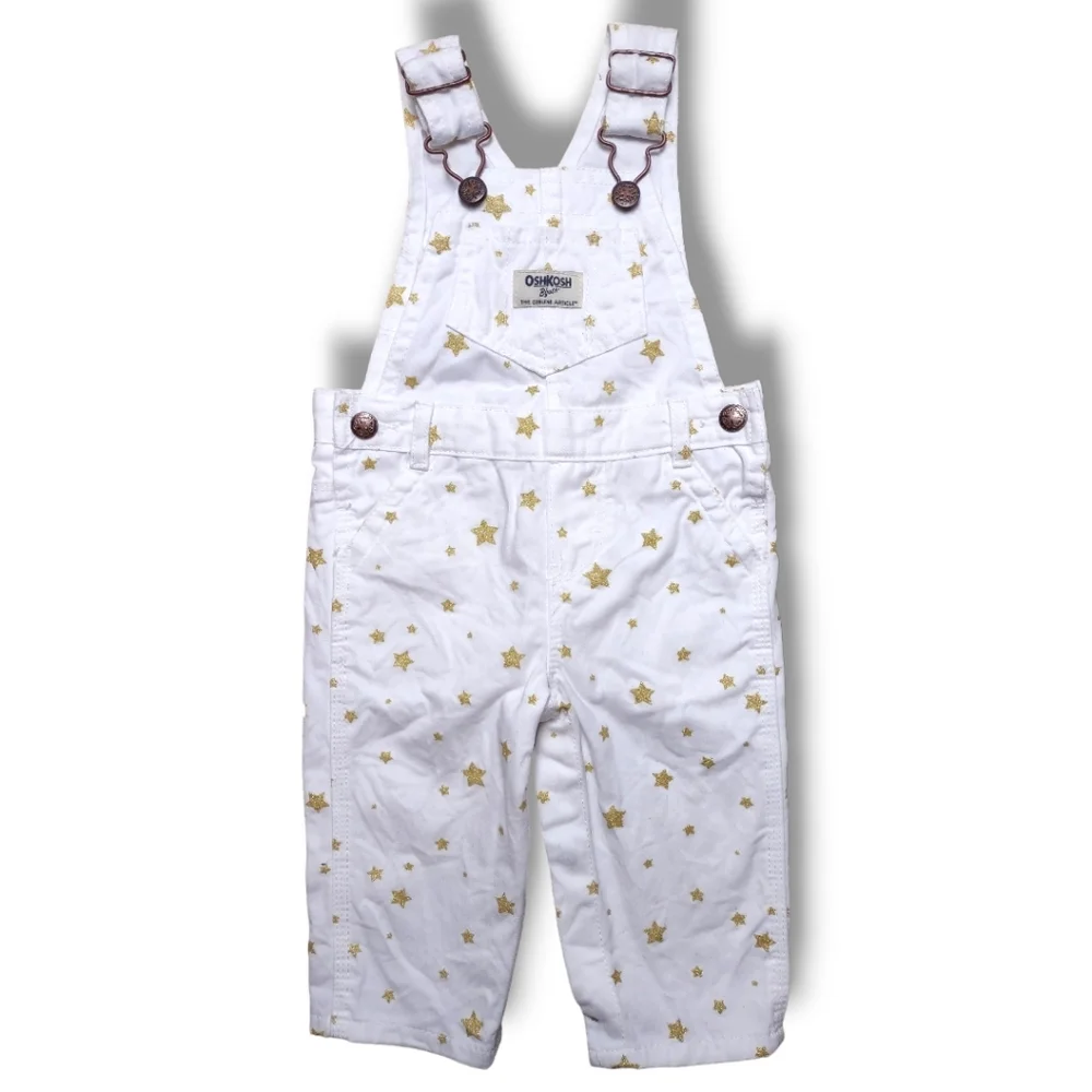 OshKosh B'Gosh Gold Sparkle Stars White Bib Overalls Girls Size 9 Months 9M